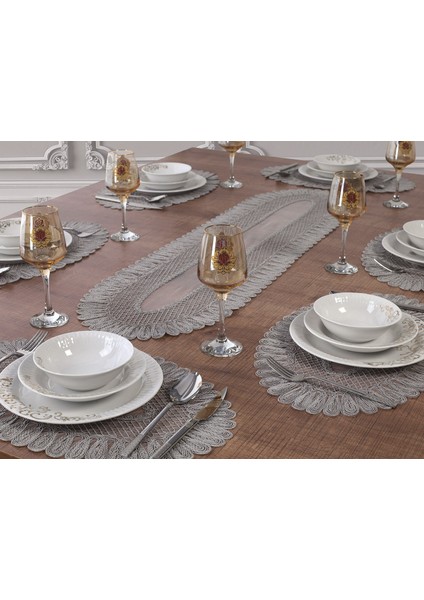 Tropikhome 7 Parça Vivien Gri 6 Kişilik Amerikan Servis & Supla ve Runner Seti