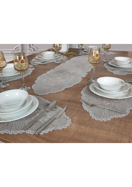 Tropikhome Amerikan Servis Supla ve Runner Seti 6 Kişilik Set Venice Gri 7 Parça