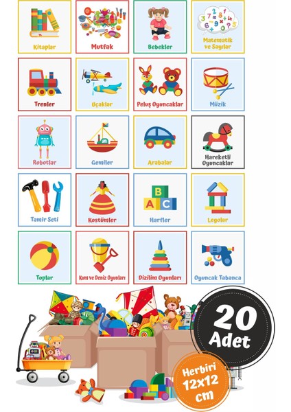 Eğlenceli Büyük Renkli Oyuncak Kutusu Sticker-Organizer Etiket-Renkli Baskılı 20 Parça fiyatları