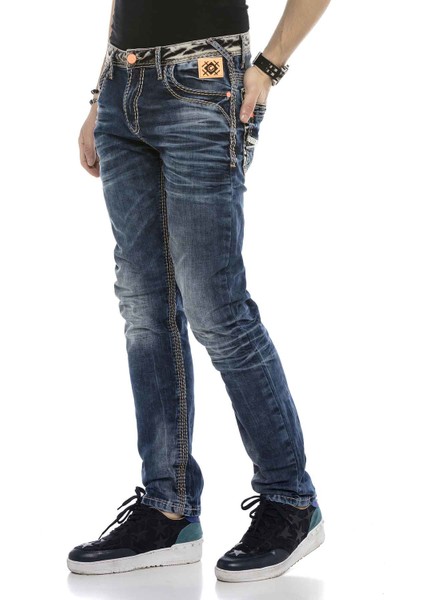 CD593 Neon Turuncu Etiketli Kalın Dikişli Jeans