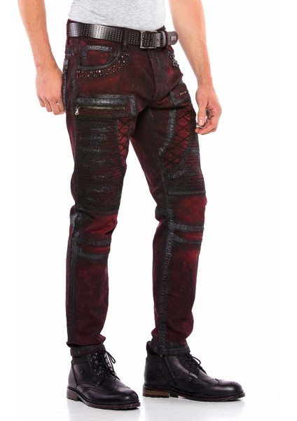 CD581 Simli Boyama Nakışlı Taşlı Bordo Erkek Kot Pantolon