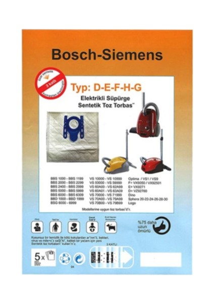 Bosch Siemens Profilo Yatık Süpürge Torbası 5 Ad