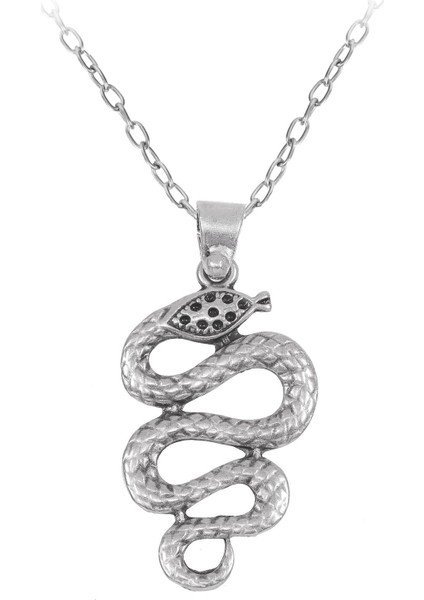 Kadın Antik Gümüş Kaplama Yılan Simge Uçlu Zincir Kolye