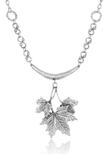 Kadın Antik Gümüş Kaplama Çınar Yaprağı Stilizesi Kolye