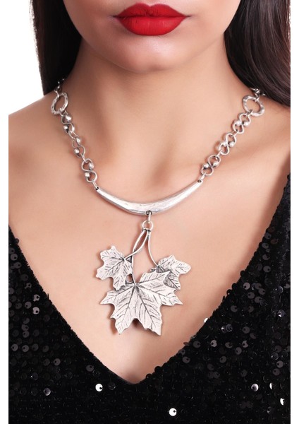 Kadın Antik Gümüş Kaplama Çınar Yaprağı Stilizesi Kolye fiyatları