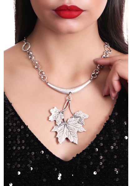 Kadın Antik Gümüş Kaplama Çınar Yaprağı Stilizesi Kolye modelleri