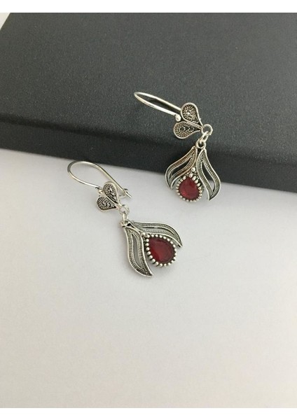 Gümüş Kök Yakut Taşlı Kırmızı Telkari Küpe