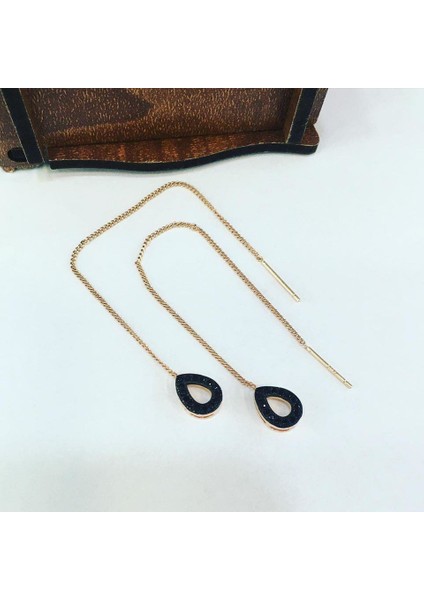 Siyah Taşlı Damla Zincir Gümüş Küpe