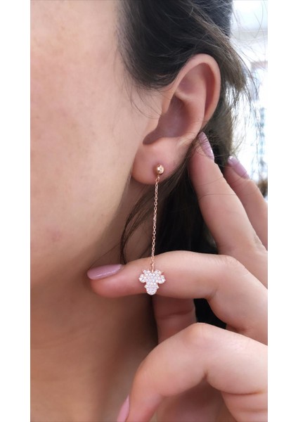 Gümüş Rose Zirkon Taşlı Zincirli Yaprak Küpe