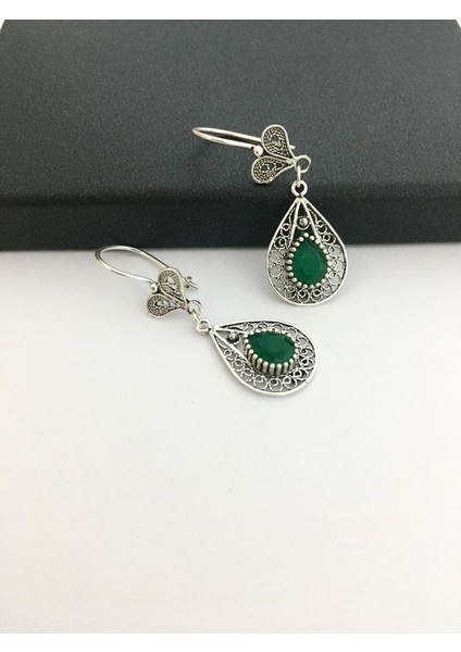 Gümüş Yeşil Kök Zümrüt Taşlı Telkari Damla Küpe