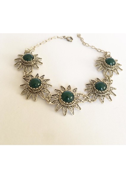 Gümüş Telkari Yeşil Akik Taşlı Çiçek Bileklik