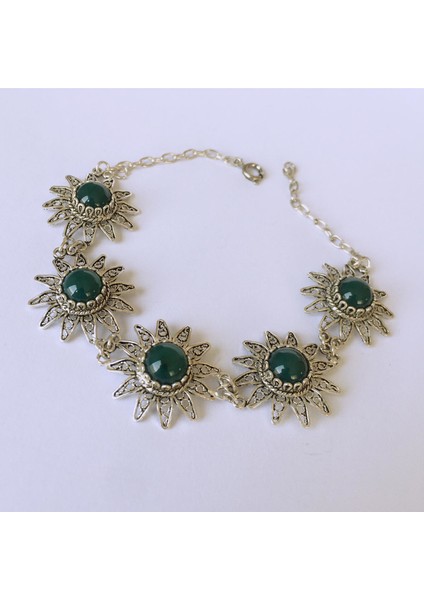 Gümüş Telkari Yeşil Akik Taşlı Çiçek Bileklik fiyatları