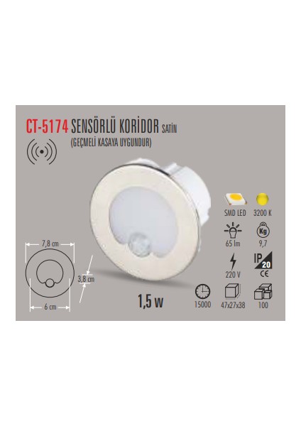 CT-5174 1,5W/3200K Radar Sen.kor. Armatürü(G.ışığı) Cata