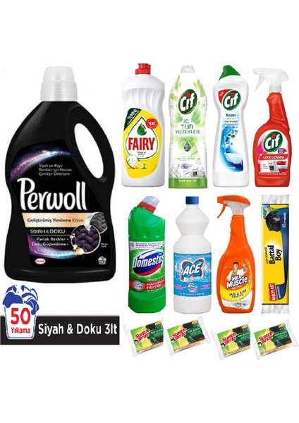 3 Lt + Cif Tüm Yüzeyler 1500 ml + Cif 675 ml + Fairy 1350 ml + Cif 1000 ml + Domestos 806 gr + Ace 1 Lt + Mr Muscle 750 ml + Koroplast Çöp Torbası Battal Boy + Bulaşık Süngeri 4 x 2'li