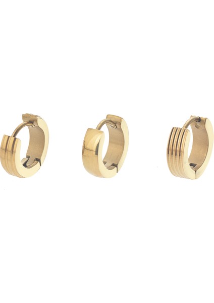 Çelik Üçlü Küpe Kanallı Düz Desen Halka - Gold