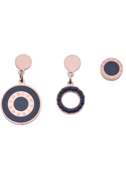 Çelik Üçlü Roma Rakamlı Rondela Sedef Taşlı Küpe - Rose