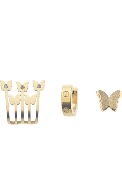 Çelik Üçlü Küpe Kelebekli Rondela - Gold