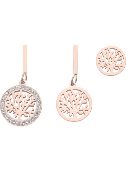 Çelik Üçlü Zirkon Taşlı Hayat Ağacı Küpe - Rose