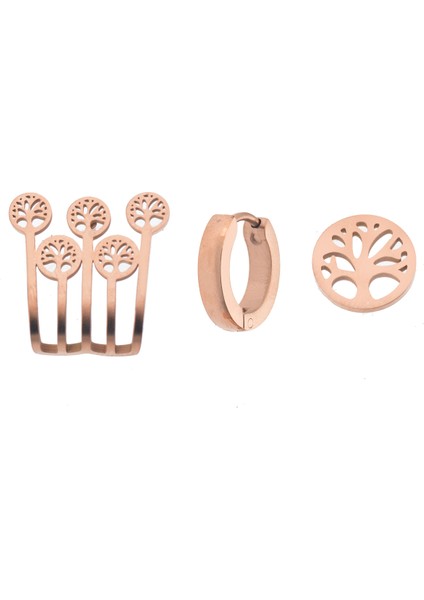 Çelik Üçlü Küpe Hayat Ağaçlı Rondela - Rose