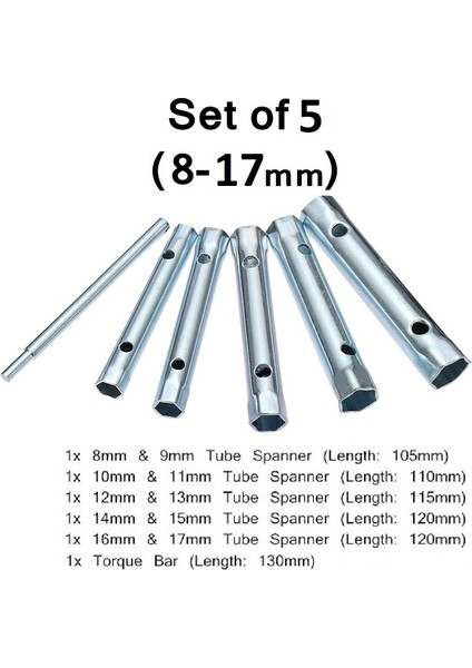 6 Parça Çift Taraftan Sıkmalı 8 mm-17 mmBoru-Buji, Lokma Kovan Anahtar Seti