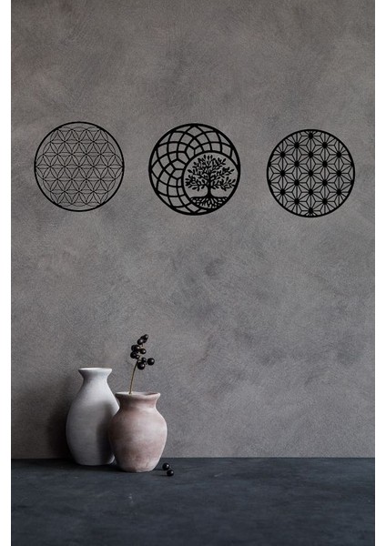 Yaşam Çiçeği Geometri Tablo Hayat Ağacı ve Yıldız Tablo 3 Lü Dekoratif Set