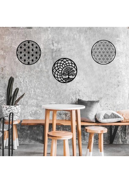 Yaşam Çiçeği Geometri Tablo Hayat Ağacı ve Yıldız Tablo 3 Lü Dekoratif Set modelleri