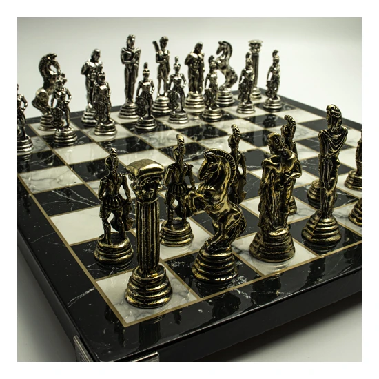 İlgimi Çekiyor Mitolojik Dünya Satranç Takımı - Metal Taşlı Mermer Desen Tablalı Satranç Seti