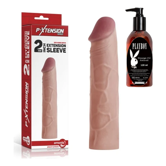 Arm Ten Hassasiyetinde Uzatmalı Penis Kılıfı ve Playboy Masaj Yağı