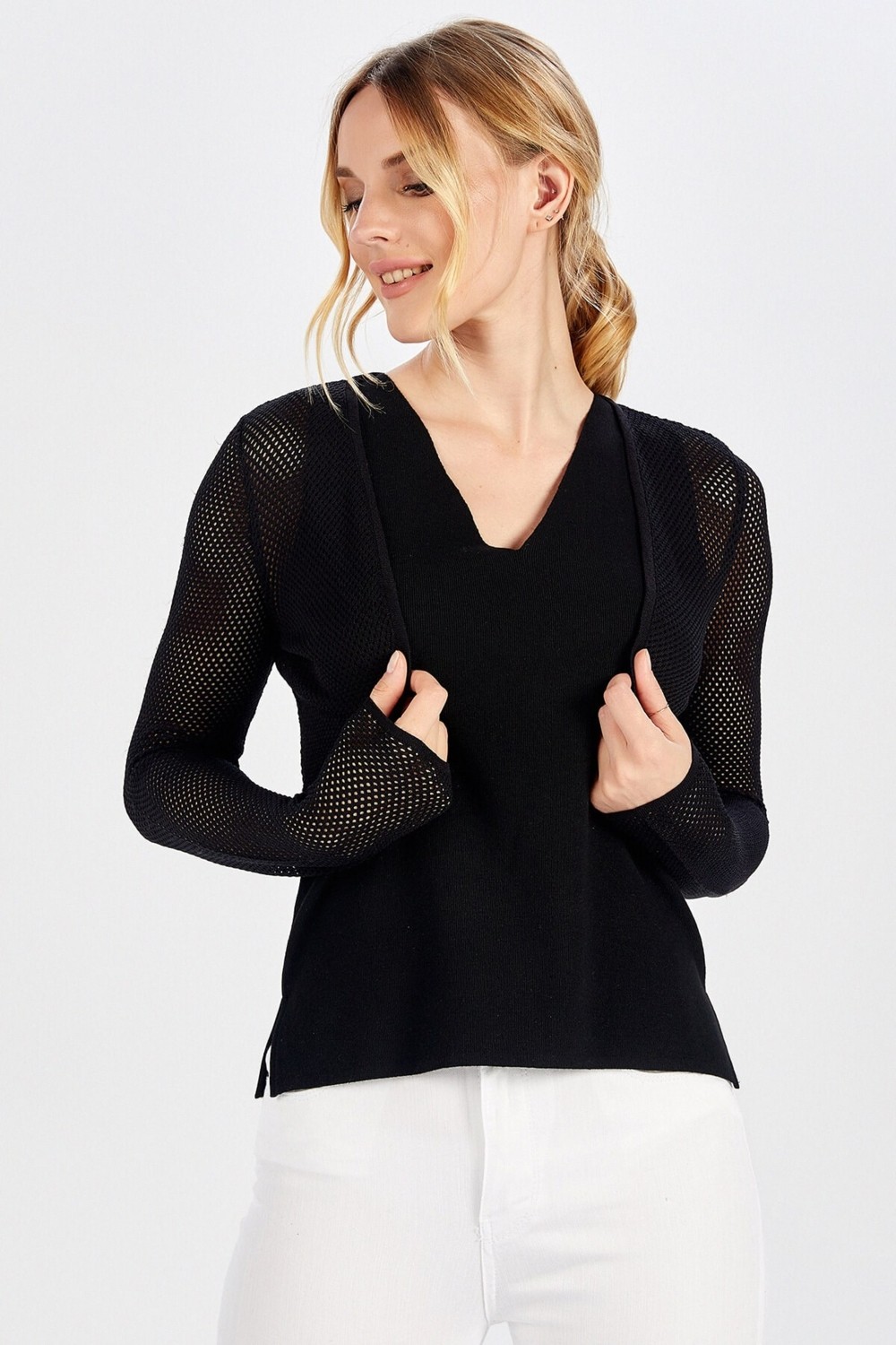 Peraluna BUTTERFLY BOLERO File Örgü Uzun Kol Triko Kadın Bolero - Siyah