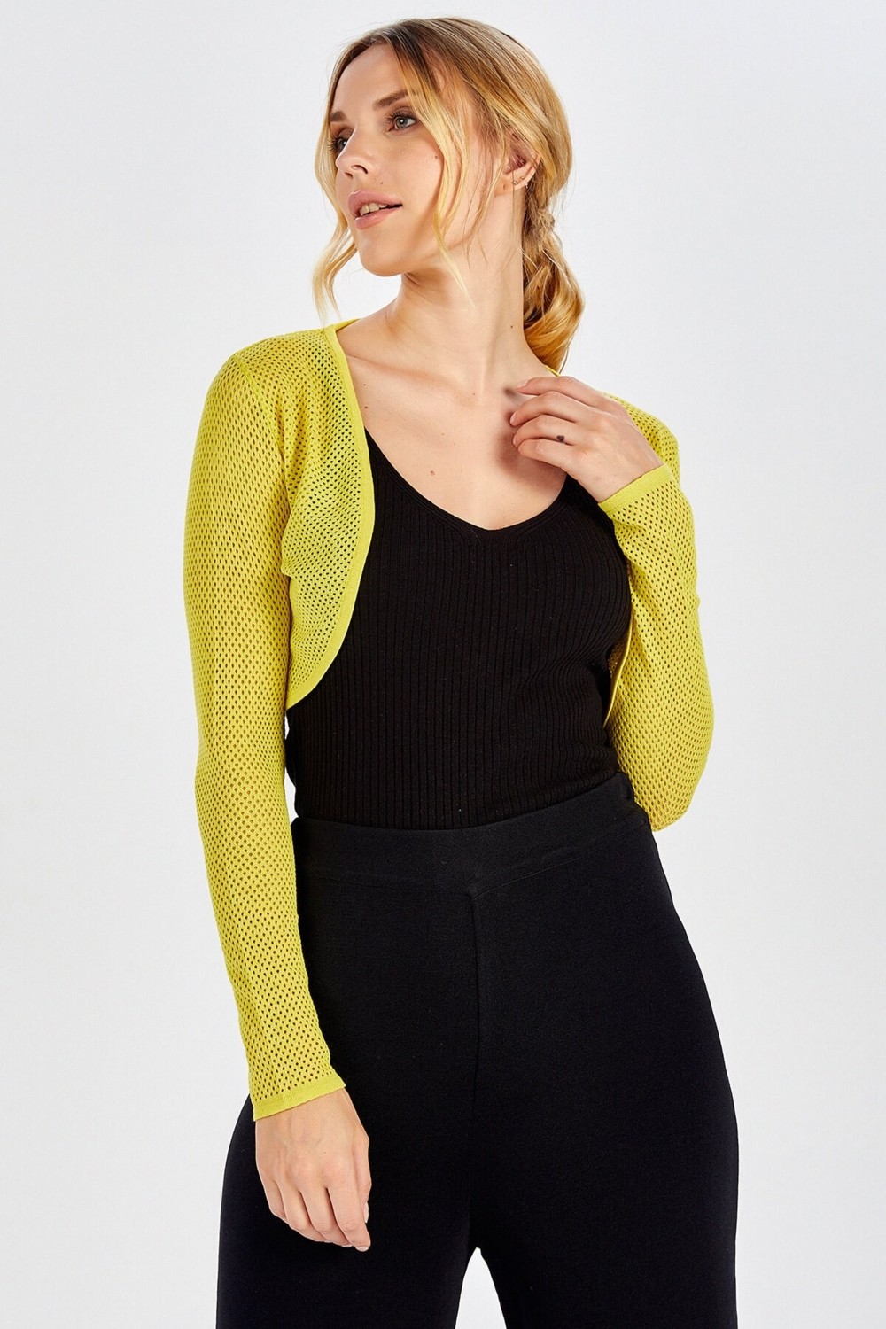 Peraluna BUTTERFLY BOLERO File Örgü Uzun Kol Triko Kadın Bolero - Sarı görsel 2