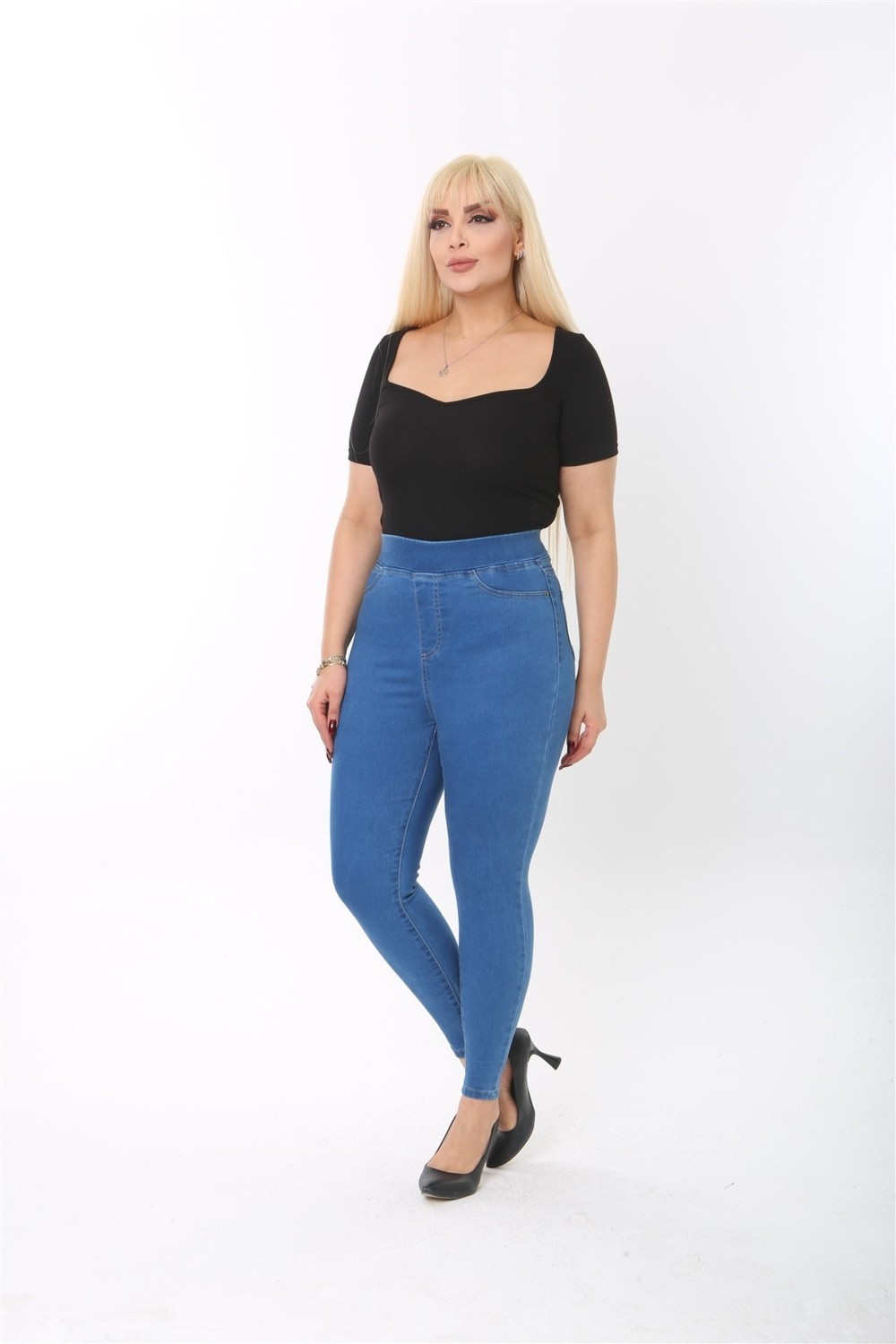 Cedy Denim Kadın 42-58 Beden Aralığı Beli Lastikli Sahte Cepli Toparlayıcı Pantolon C608