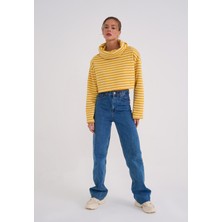 La Sarta Stripe Lover Kadın Hardal Beyaz Boğazlı Çizgili Crop Sweat