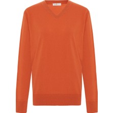 Peraluna Mateo V Neck Pullover Yumuşak Tuşeli Mevsimlik Erkek Triko Kazak - Turuncu