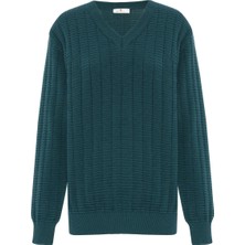 Peraluna Zacha 'v Neck' Neck Pullover Üç Boyut Çizgili Mevsimlik Erkek Triko Kazak - Turkuaz