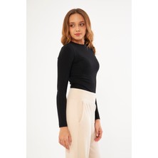 Chandraswear Siyah Kadın Basic Yuvarlak Yaka Uzun Kollu Bluz - Floris