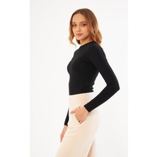 Chandraswear Siyah Kadın Basic Yuvarlak Yaka Uzun Kollu Bluz - Floris