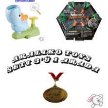 Özel Araliko Toys Seti 3'ü 1 Arada (Catching Games Mavi Köpek Uçan Disk Yakalama Oyunu +Micro Missiles Parmak Sapanı 6'lı Hex6 +Araliko Madalyası)