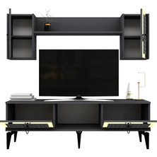 Cantek Dizayn Linda Raflı Tv Ünitesi Takımı Antrasit-Altın