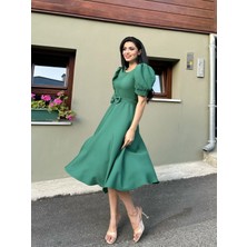 Küçüğüm Butik Karpuz Kol Kloş Midi Boy Krep Elbise