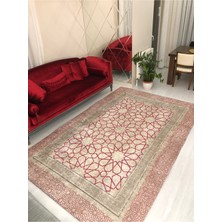 Meka Pembe Çini Model Ipek Kadife Lastikli Halı Örtüsü
