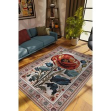 Homshtag Art Deco Gelincik Vintage Halı Görünümlü Dijital Baskı Renkli Halı Rustik Çiçekli Halı