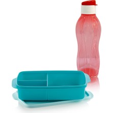 Tupperware Eco Şişe Suluk 750 ml Mavi Renk Kor Pırıltı ve Bölmeli Beslenme Kutusu Seti