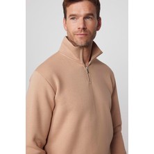 Unisex Relax Fit Rahat Kesim Pamuklu İçi Polarlı Yarım Fermuarlı Vizon Dik Yaka Sweatshirt