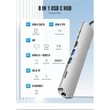 Macbook Pro/air Uyumlu USB Type-C 8 In 1 Hub Dönüştürücü Çevirici Çoklayıcı USB Hdmı Micro Sd 8 Girişli