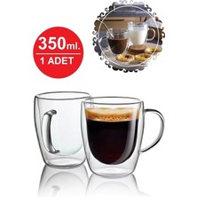 Maridet Çift Camlı Çift Cidarlı Cam Kupa 350 ml Ev Ofis Fincanı Çift Katlı Isı Yalıtıml Kulplu Cam Bardak El Yapımı