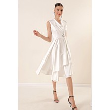 Saygı Giyim Kruvaze Yaka Bağcıklı Saten Elbise