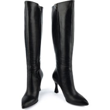 Emel Ayakkabı Modern Rahat Sivri Stiletto Deri Çizme Siyah 14201
