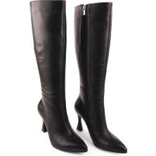 Emel Ayakkabı Modern Rahat Sivri Stiletto Deri Çizme Siyah 14201