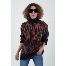 Zelish My Sister Lacivert Balıkçı Yaka Desenli Oversize Kazak