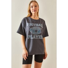 Xhan Füme Bisiklet Yaka Önü Baskılı Oversize T-Shirt 4KXK1-47927-33
